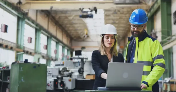 people in a warehouse or manufacturing building looking at a laptop