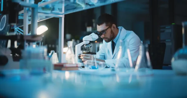 image of a person looking through a microscope research