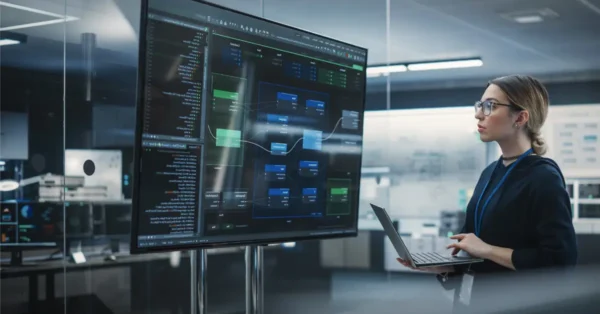 Product manager in a modern office using a laptop while studying a large self-service product analytics dashboard to build better dashboards.