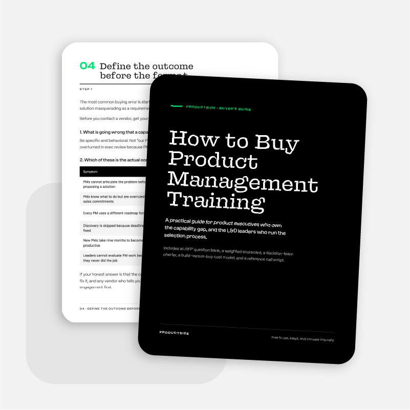 Cover of Productside's buyer's guide on how to choose product management training, with an RFP question bank, vendor scorecard, and cost model